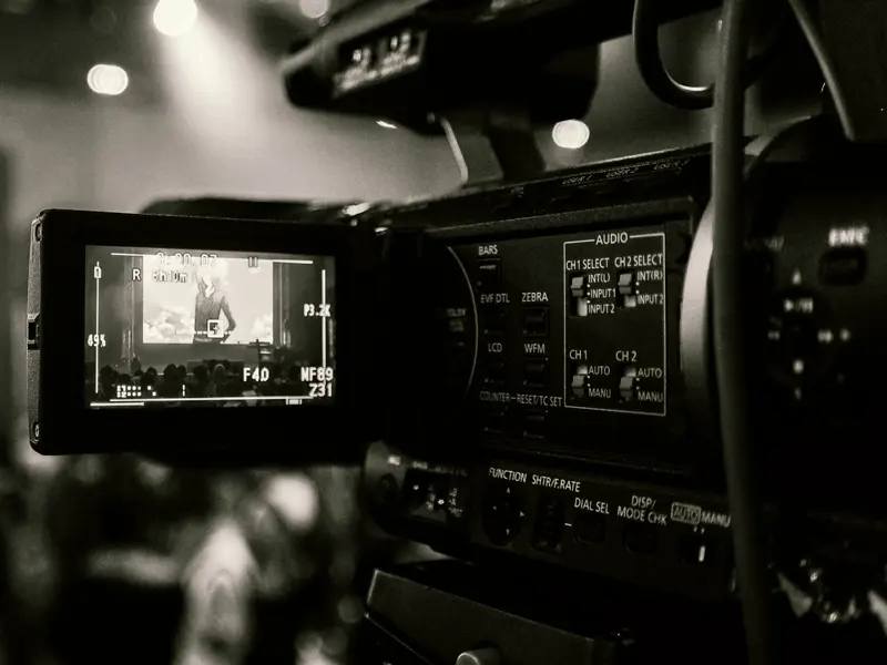 Broadcast camera viewfinder showing a framed shot during a TV production