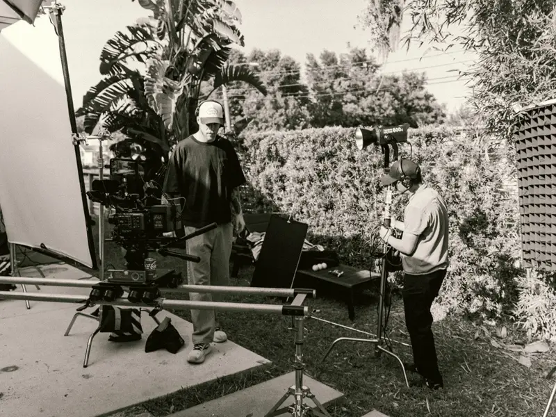 Lighting and camera setup for a filmed interview on location