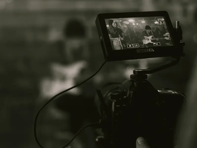 On-camera monitor showing a framed shot during a shoot